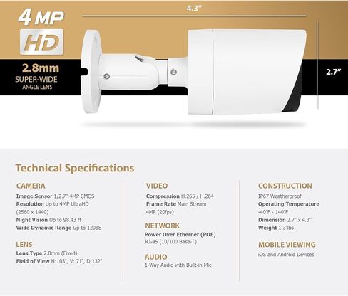 4MP POE IP BULLET CAMERA مع الصوت ، كاميرا IP لأمن IP مصنفة في الهواء الطلق ، IP66 مقاوم للماء ، 108 ° زاوية 2.8 مم (ليلة اللون) NDAA متوافقة in Kuwait