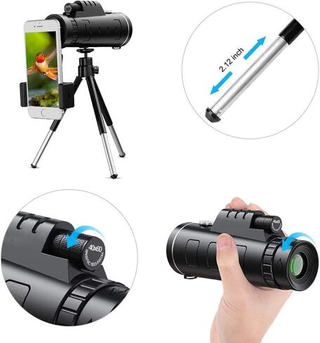 40 × 60 تلسكوب أحادي التكبير مع غطاء الغبار لمراقبة الطيور والصيد والتخييم - ترايبود الهاتف الذكي ومقطع in Kuwait