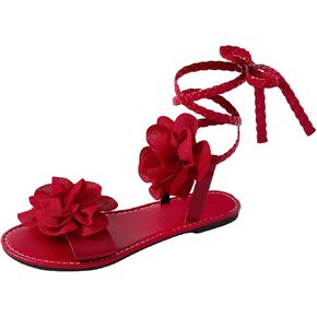 GORGLITTER Women's 3d Flower Lace Up Sandals Floral Tie Up Flat Slides | Summer Beach Vacation Slide Shoes, Dressy Open Toe Braided Sandals, Cute Going Out Sandals in Kuwait