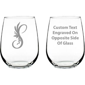 Monogram Floral Letter S - Stemless Wine Glass - Personalized Gifts for Women and Men - Large Engraved 17 Oz Glasses in Saudi Arabia