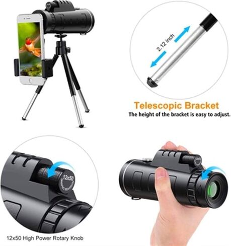 12x50 تلسكوب أحادي الطاقة عالي الطاقة مع حامل هاتف ترايبود - مثالي للسفر والعرض والصيد in Kuwait