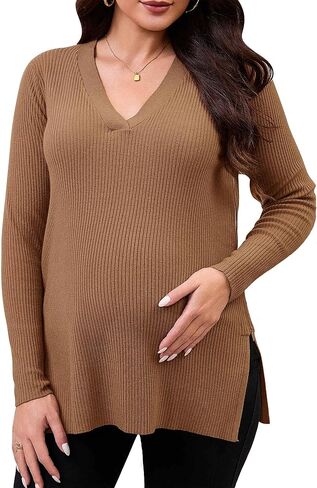 Women's Maternity Nursing Sweater Side Zip Up for Breastfeeding Split Stretchy Knit V Neck Tunic Shirt in Kuwait