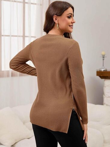 Women's Maternity Nursing Sweater Side Zip Up for Breastfeeding Split Stretchy Knit V Neck Tunic Shirt in Kuwait