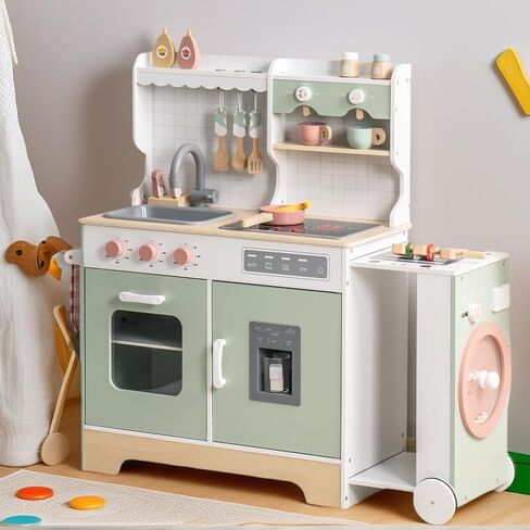 ROBOTIME Play Kitchen Set for Kids Toddlers, Wooden Kids Play Kitchen Playset with Real Lights & Sounds, Pretend Toddler Kitchen Gift for Girls Boys Age 3+ in Saudi Arabia