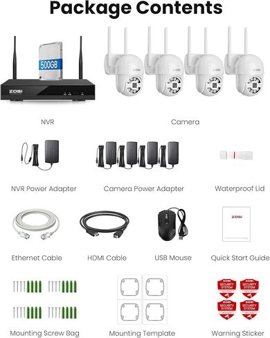 Zosi 8ch 2K WIFI WIFI Home Security Camera System ، 4 × C289 3MP 2K PAN/TILT WIFI كاميرا خارجية ، تتبع تلقائي ، رؤية ليلية ملونة ، الكشف البشري منظمة العفو الدولية ، إنذار صفارات الإنذار الأضواء ، الصوت في اتجاهين ، 500 جيجابايت HDD in Saudi Arabia
