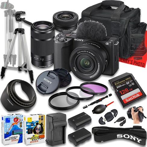 Sony ZV-E10 II Mirrorless Camera with E PZ 16-50mm f/3.5-5.6 OSS & E 55-210mm f/4.5-6.3 Lens + 128 GB Memory + Extra Battery + Camera Case + Tripod + More (22pc Bundle) in Saudi Arabia