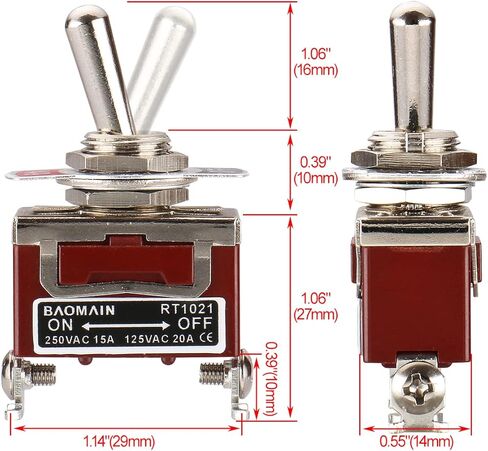 Baomain Toggle Switch DPST ON/Off 2 Position 250VAC 15A 125VAC 20A 1/2" mounting Hole Screw Terminal RT1221 in Kuwait