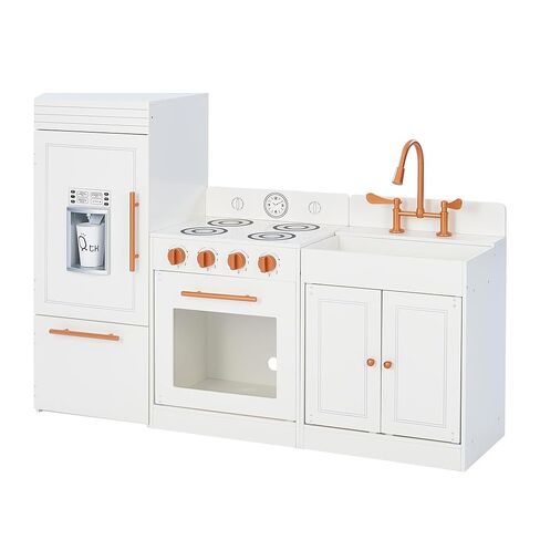 Teamson Kids Little Chef Paris Modular Contemporary Interactive Wooden Play Kitchen with Refrigerator, Oven, Sink, and Storage Space for Easy Clean Up, White with Rose Gold Finishes in Saudi Arabia