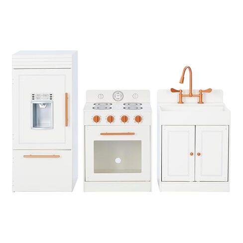 Teamson Kids Little Chef Paris Modular Contemporary Interactive Wooden Play Kitchen with Refrigerator, Oven, Sink, and Storage Space for Easy Clean Up, White with Rose Gold Finishes in Saudi Arabia