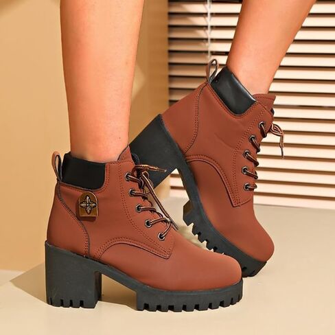 Women's Ankle Boots Thick Mid Heel Lace Up Round Toe Platform Ankle Booties Solid Versatile Comfortable Combat Boots in Saudi Arabia