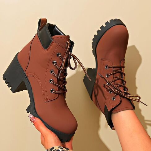 Women's Ankle Boots Thick Mid Heel Lace Up Round Toe Platform Ankle Booties Solid Versatile Comfortable Combat Boots in Saudi Arabia