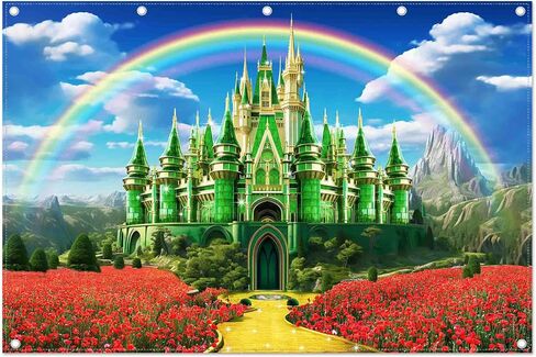 7x5ft Polyester Green Castle Backdrop Yellow Brick Road Rainbow Sky Photography Background Floral Banner Party Decorations Photo Props in Saudi Arabia