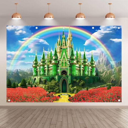 7x5ft Polyester Green Castle Backdrop Yellow Brick Road Rainbow Sky Photography Background Floral Banner Party Decorations Photo Props in Saudi Arabia