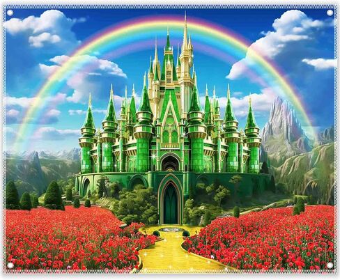 7x5ft Polyester Green Castle Backdrop Yellow Brick Road Rainbow Sky Photography Background Floral Banner Party Decorations Photo Props in Saudi Arabia