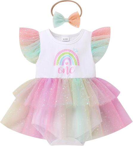 Odasdo Baby Girls 1st Birthday Cake Smash Outfit Flutter Sleeve Tutu Romper Dress مع مجموعة عائق Bowknot in Saudi Arabia