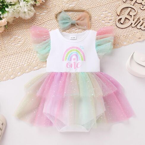 Odasdo Baby Girls 1st Birthday Cake Smash Outfit Flutter Sleeve Tutu Romper Dress مع مجموعة عائق Bowknot in Saudi Arabia