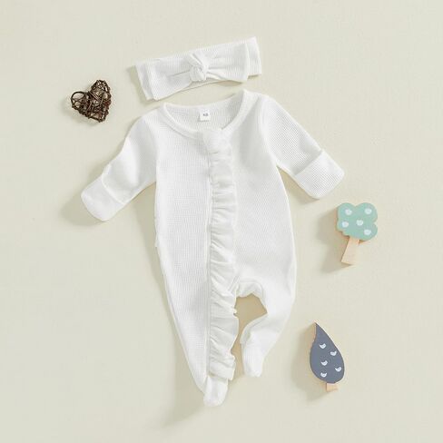 Fanvereka Newborn Infant Baby Girl Fall Outfit Romper 3 6 12 Months Girls Long Sleeve Full Length Zipper Footie Headband in Kuwait