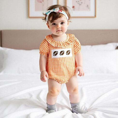 ZyHwShine Baby Girl Football Outfit Infant Football Embroidery Bubble Romper Smocked Onesie Newborn Football Summer Clothes in Saudi Arabia