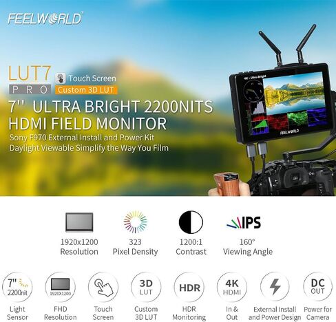 FEELWORLD LUT7 PRO 7 Inch 2200nits 3D LUT Touch Screen DSLR Camera Field Director AC Monitor F970 External Power and Install Kit 4K HDMI Input Output 1920X1200 IPS Panel in Saudi Arabia