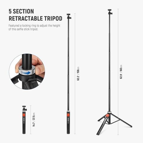 NEEWER Phone Tripod for Camera with Cell Phone Holder & Remote, 62.9" All Metal Selfie Stick Travel Vlog Video Recording Portable Stand Compatible with iPhone Canon Sony Nikon, Cleaning Cloth, TS05 in Saudi Arabia