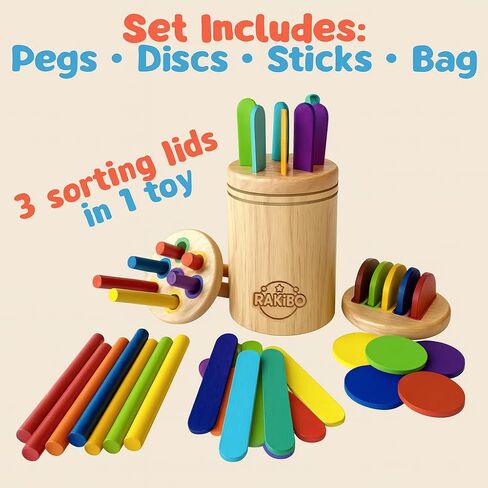 Montessori Color Sorting Toy for Toddlers Ages 1-5 – Wooden Fine Motor Skills Toy with Pegs, Sticks, Lids & Discs – Sensory Educational Activity – Gift-Ready in Box Learning Toy in Saudi Arabia