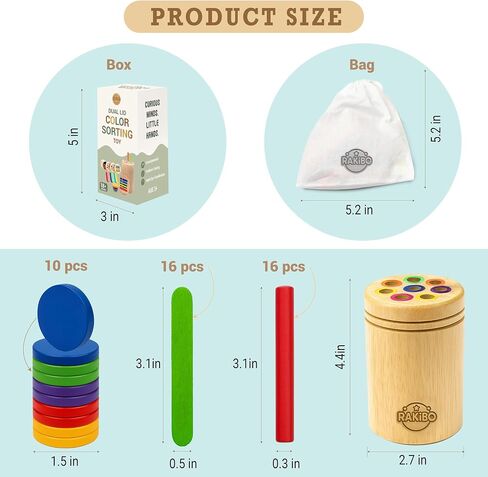Montessori Color Sorting Toy for Toddlers Ages 1-5 – Wooden Fine Motor Skills Toy with Pegs, Sticks, Lids & Discs – Sensory Educational Activity – Gift-Ready in Box Learning Toy in Saudi Arabia