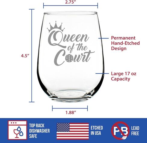كأس نبيذ بدون جذع من Queen of the Court - هدايا كرة مخلل للنساء - ديكور على شكل كرة مخلل - أكواب كبيرة بوزن 17 أونصة in Kuwait