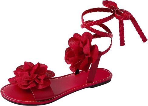 GORGLITTER Women's 3d Flower Lace Up Sandals Floral Braided Open Toe Strappy Tie Up Beach Slide Shoes 2025 in Saudi Arabia