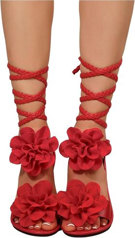 GORGLITTER Women's 3d Flower Lace Up Sandals Floral Braided Open Toe Strappy Tie Up Beach Slide Shoes 2025 in Saudi Arabia