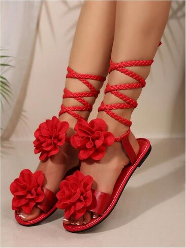 GORGLITTER Women's 3d Flower Lace Up Sandals Floral Braided Open Toe Strappy Tie Up Beach Slide Shoes 2025 in Saudi Arabia