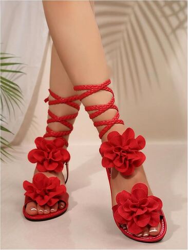 GORGLITTER Women's 3d Flower Lace Up Sandals Floral Braided Open Toe Strappy Tie Up Beach Slide Shoes 2025 in Saudi Arabia