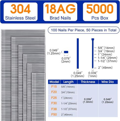 Leifide 5000 Counts 18 Gauge 304 Stainsal Steel Brad Nails 1inch 18Ga ، مسامير مسدس الأظافر الصغيرة للهواء المضغوط ، كهربائي 18GA Brad Nailer Gun in Kuwait