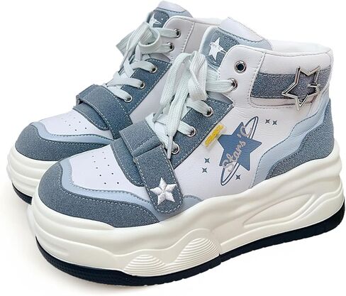Y2K Kawaii Star Print High Top Sneakers Kawaii Pastel Macaron Color Color Stunky Platform Shoes | نمط لطيف لو للنساء in Kuwait