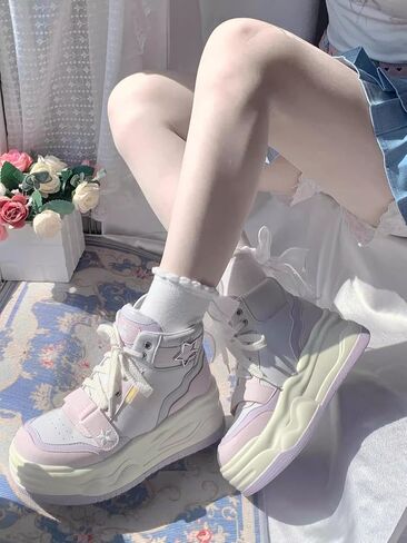 Y2K Kawaii Star Print High Top Sneakers Kawaii Pastel Macaron Color Color Stunky Platform Shoes | نمط لطيف لو للنساء in Kuwait