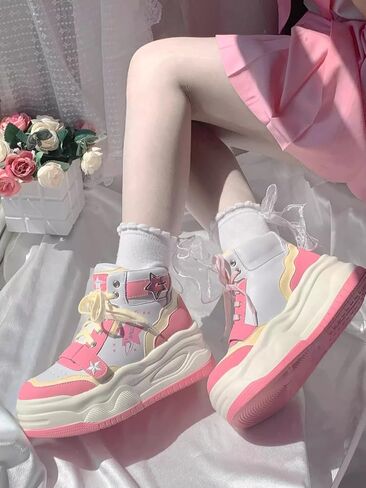Y2K Kawaii Star Print High Top Sneakers Kawaii Pastel Macaron Color Color Stunky Platform Shoes | نمط لطيف لو للنساء in Kuwait