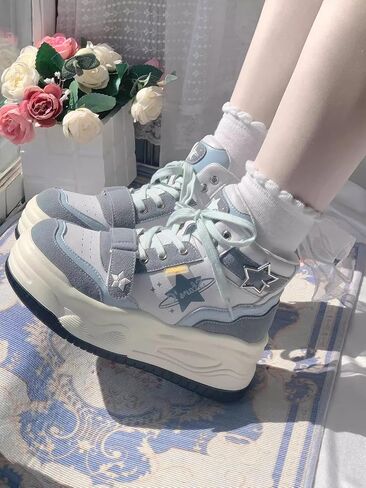 Y2K Kawaii Star Print High Top Sneakers Kawaii Pastel Macaron Color Color Stunky Platform Shoes | نمط لطيف لو للنساء in Kuwait