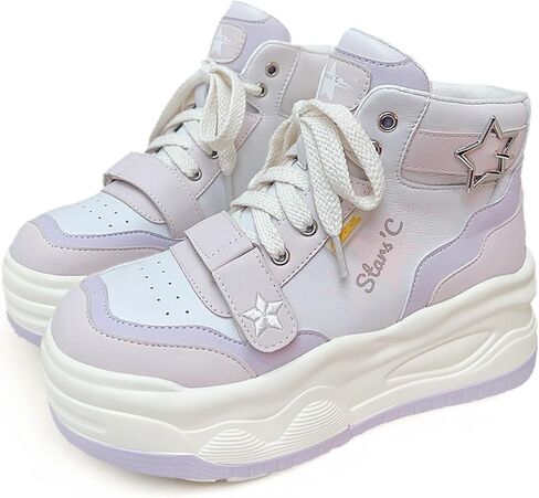 Y2K Kawaii Star Print High Top Sneakers Kawaii Pastel Macaron Color Color Stunky Platform Shoes | نمط لطيف لو للنساء in Kuwait