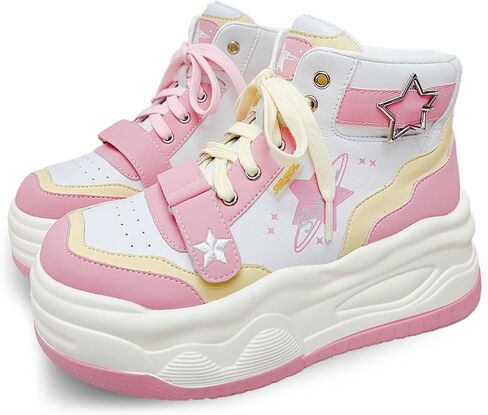 Y2K Kawaii Star Print High Top Sneakers Kawaii Pastel Macaron Color Color Stunky Platform Shoes | نمط لطيف لو للنساء in Kuwait