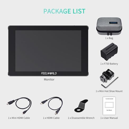 FeelWorld 7 بوصة شاشة حقل الكاميرا ، 1200NIT تسليط الضوء على شاشة اللمس DSLR شاشة 4K 60Hz HDMI 3D LUT ، شكل موجي HDR مع بطارية NP-F750 والحقيبة F7PLUS in Saudi Arabia