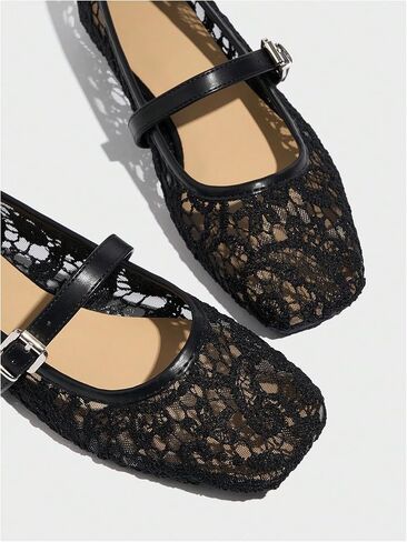 MakeMeChic Women's Lace Mesh Ballet Flats Shoes Square Closed Toe Mary Jane Shoes Breathable Summer Flats in Saudi Arabia