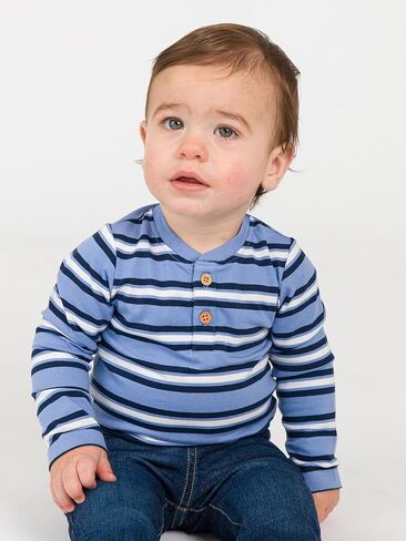 Rufflebutts RugggedButts® Baby/Toddler Boys Henley Raglan Long Sleeve Baseball Bodysuit متماسكة من قطعة واحدة-Periwinkle Blue Stripe ، 3-6M in Saudi Arabia