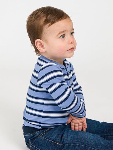 Rufflebutts RugggedButts® Baby/Toddler Boys Henley Raglan Long Sleeve Baseball Bodysuit متماسكة من قطعة واحدة-Periwinkle Blue Stripe ، 3-6M in Saudi Arabia