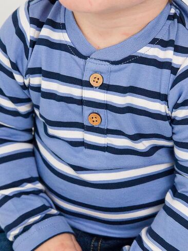 Rufflebutts RugggedButts® Baby/Toddler Boys Henley Raglan Long Sleeve Baseball Bodysuit متماسكة من قطعة واحدة-Periwinkle Blue Stripe ، 3-6M in Saudi Arabia