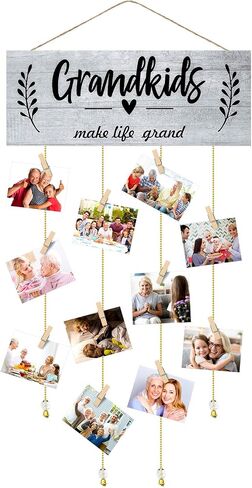 Grandma Gifts Photo Frame Holder Grandkids Make Life Grand Grandma's Picture Board Frame with Wooden Clips and Round Bead Ropes for Home Decor 15 x 5.5 Inches (Brown Background and White Letter) in Saudi Arabia