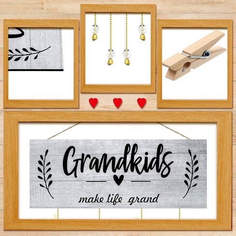 Grandma Gifts Photo Frame Holder Grandkids Make Life Grand Grandma's Picture Board Frame with Wooden Clips and Round Bead Ropes for Home Decor 15 x 5.5 Inches (Brown Background and White Letter) in Saudi Arabia
