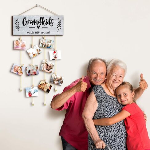 Grandma Gifts Photo Frame Holder Grandkids Make Life Grand Grandma's Picture Board Frame with Wooden Clips and Round Bead Ropes for Home Decor 15 x 5.5 Inches (Brown Background and White Letter) in Saudi Arabia