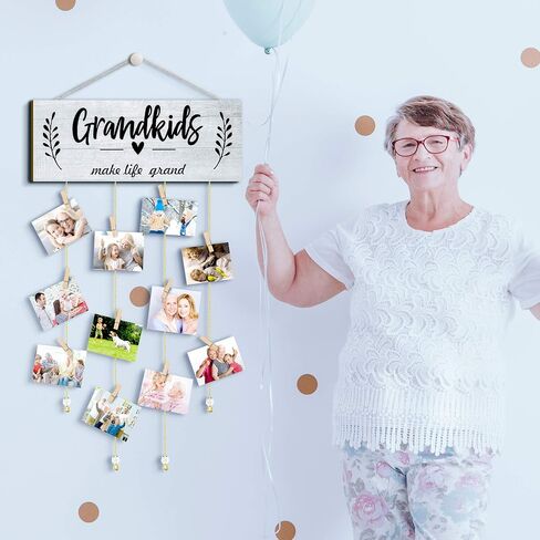 Grandma Gifts Photo Frame Holder Grandkids Make Life Grand Grandma's Picture Board Frame with Wooden Clips and Round Bead Ropes for Home Decor 15 x 5.5 Inches (Brown Background and White Letter) in Saudi Arabia