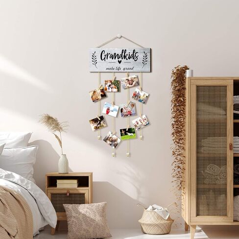 Grandma Gifts Photo Frame Holder Grandkids Make Life Grand Grandma's Picture Board Frame with Wooden Clips and Round Bead Ropes for Home Decor 15 x 5.5 Inches (Brown Background and White Letter) in Saudi Arabia