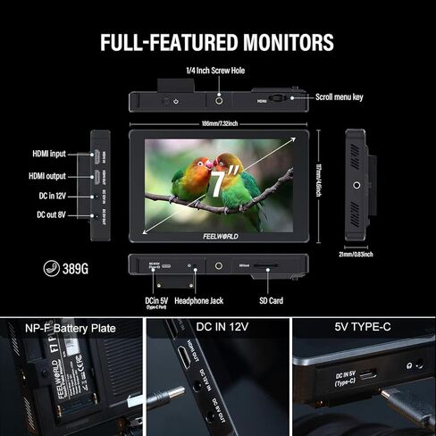 FEELWORLD F7 Plus +2 Battery +Carry Case 7" 4K Touch Screen HDMI Camera Field Monitor 1200Nit High Bright Touch Screen 3D Lut 1920x1200 4K 60Hz HDMI Input and Output in Saudi Arabia