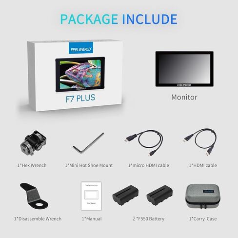 FEELWORLD F7 Plus +2 Battery +Carry Case 7" 4K Touch Screen HDMI Camera Field Monitor 1200Nit High Bright Touch Screen 3D Lut 1920x1200 4K 60Hz HDMI Input and Output in Saudi Arabia
